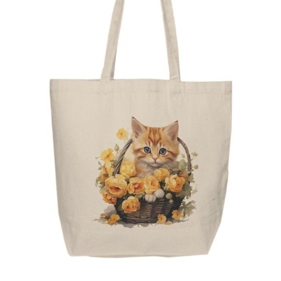 Floral Cat in a Basket Custom Tote Bag - Picture 2 of 4